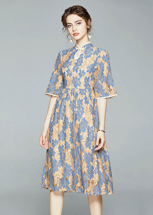 Vintage Blue Chinese Button Wrinkled Patchwork Lace Dress Summer LY7372 - fabuloryshop
