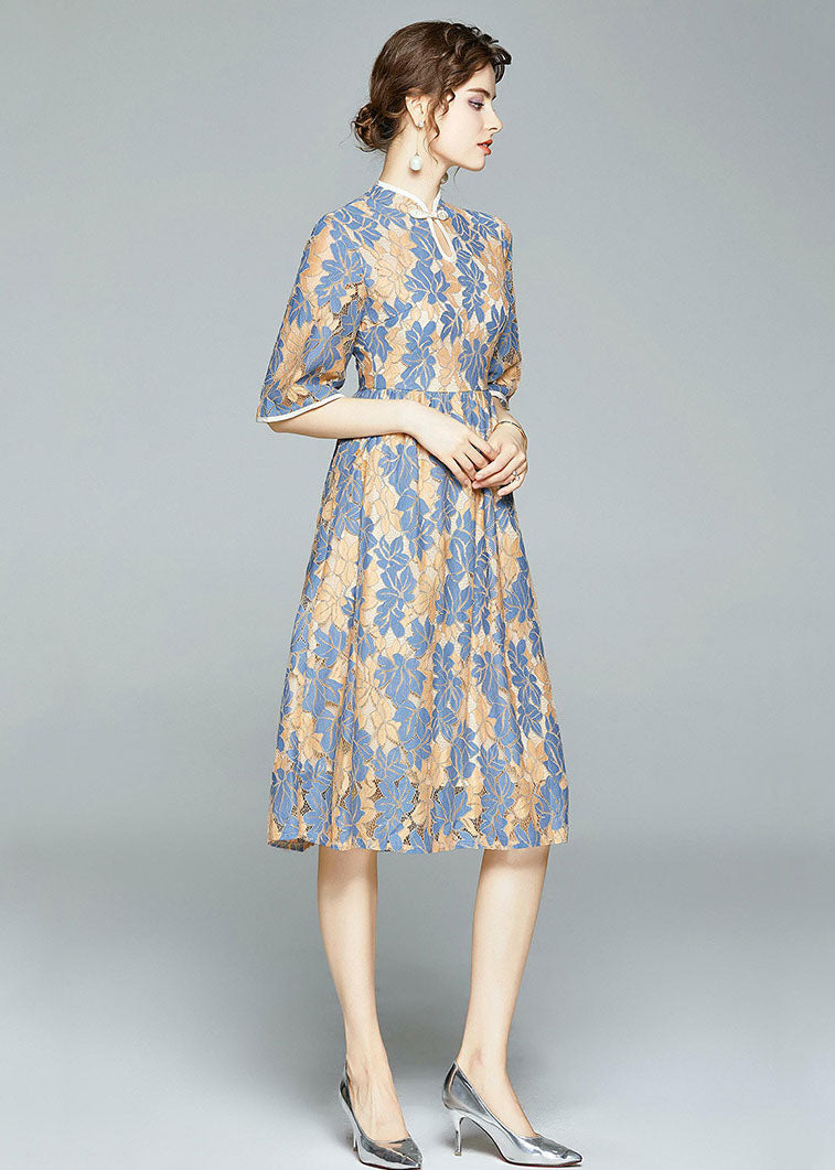 Vintage Blue Chinese Button Wrinkled Patchwork Lace Dress Summer LY7372 - fabuloryshop