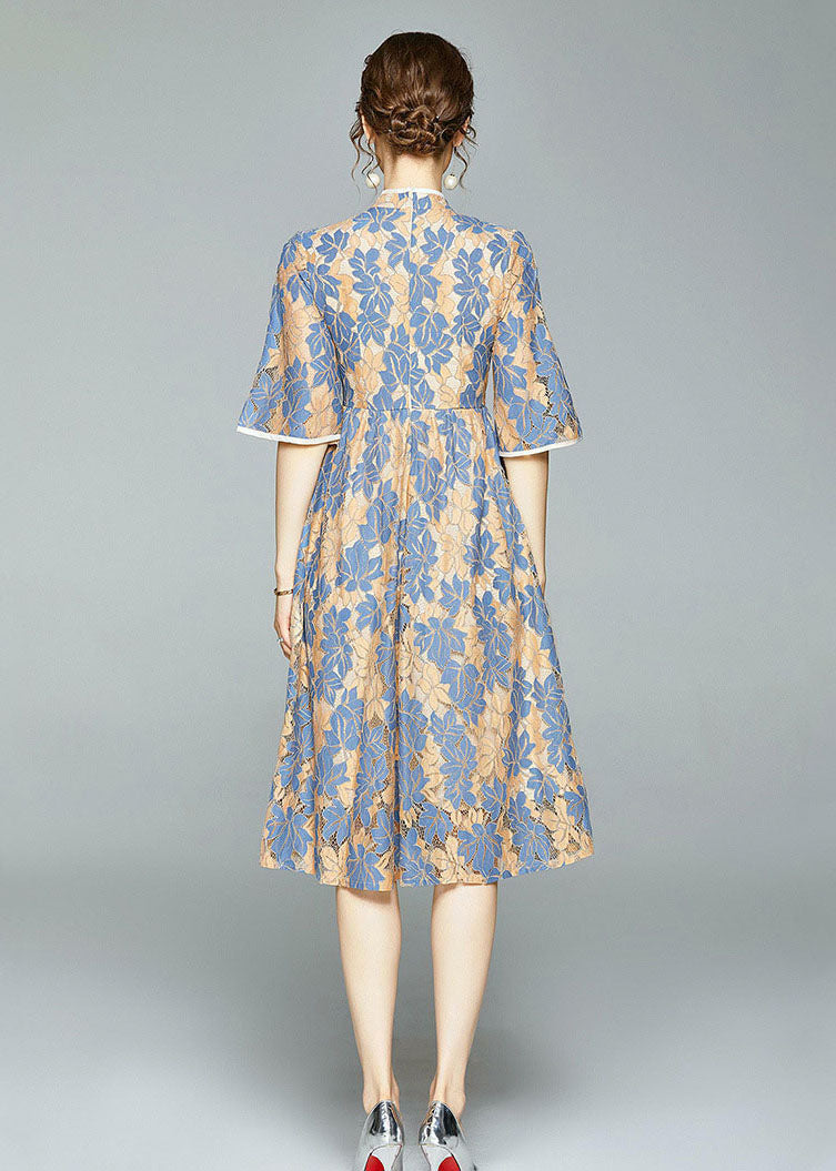 Vintage Blue Chinese Button Wrinkled Patchwork Lace Dress Summer LY7372 - fabuloryshop