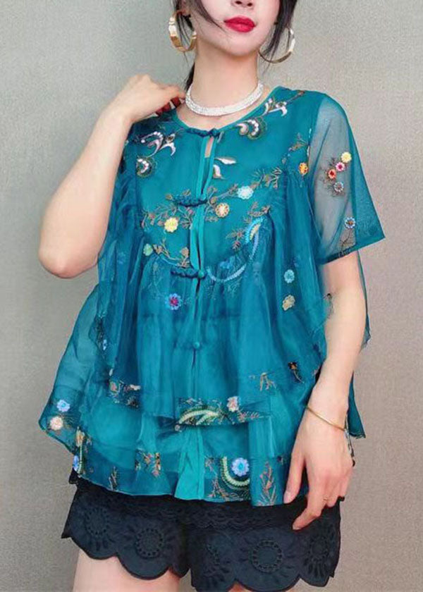Vintage Blue Embroideried Button Patchwork Tulle Blouse Top Summer LY7376 - fabuloryshop