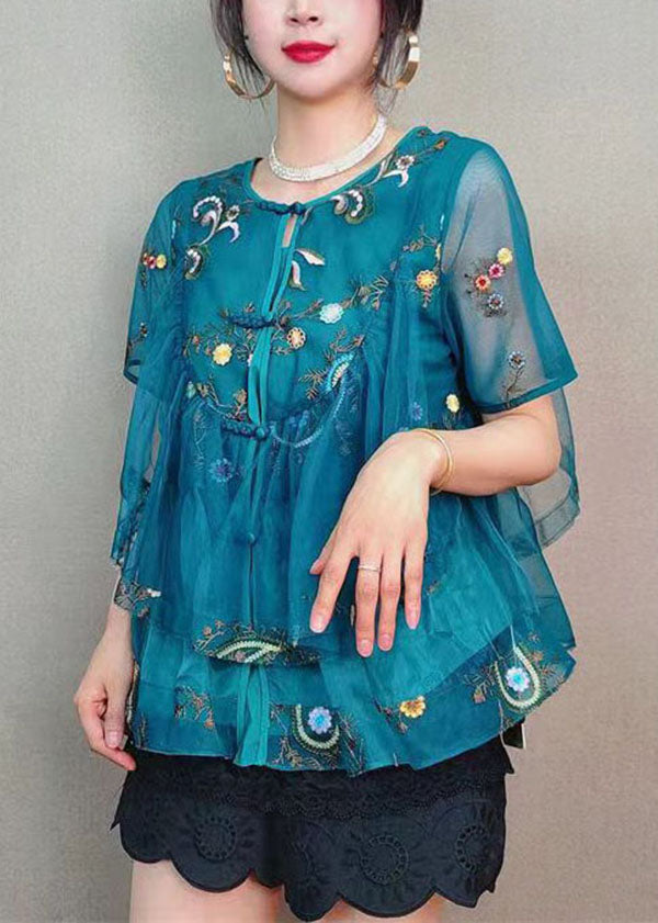 Vintage Blue Embroideried Button Patchwork Tulle Blouse Top Summer LY7376 - fabuloryshop