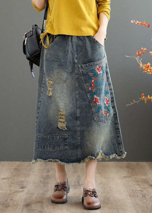 Vintage Blue Embroideried Floral Patchwork Patchwork A Line Skirt Summer LY7904