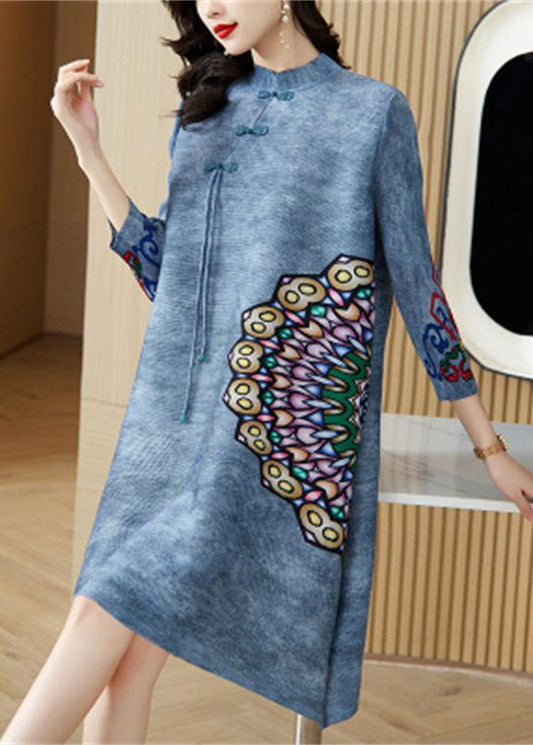 Vintage Blue Mandarin Collar Print Oriental A Line Dress  Spring LY1466 - fabuloryshop