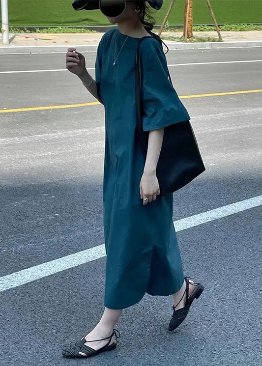 Vintage Blue O Neck High Waist Cotton Long Dress Half Sleeve Ada Fashion