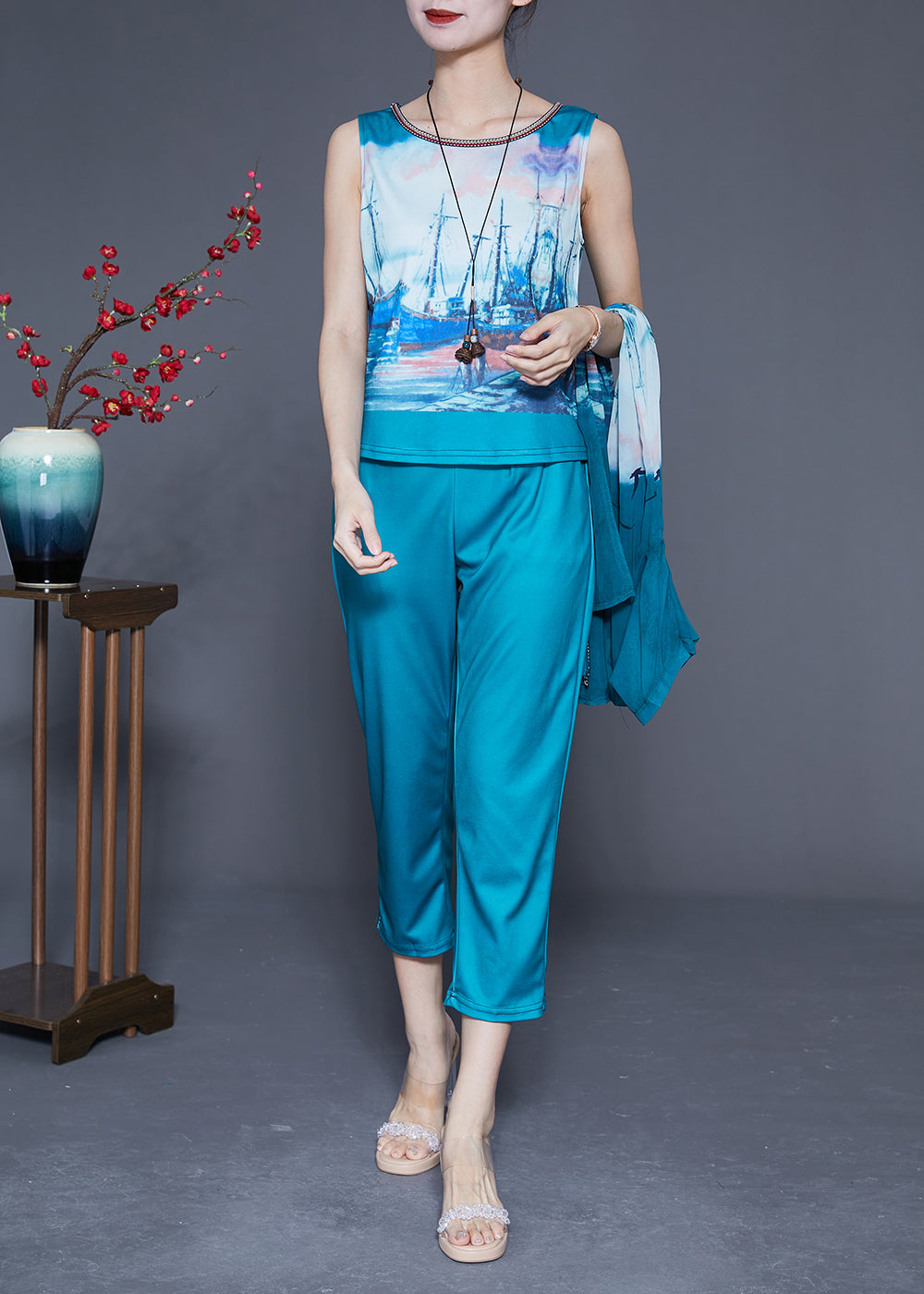 Vintage Blue Oversized Print Side Open Silk Three Pieces Set Summer LY2878 - fabuloryshop