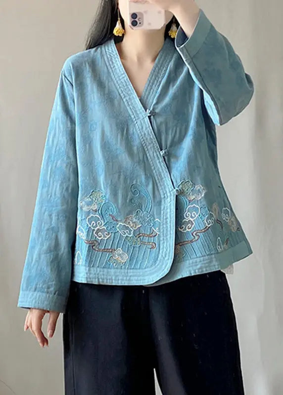 Vintage Blue Patchwork Cardigans Long Sleeve Ada Fashion