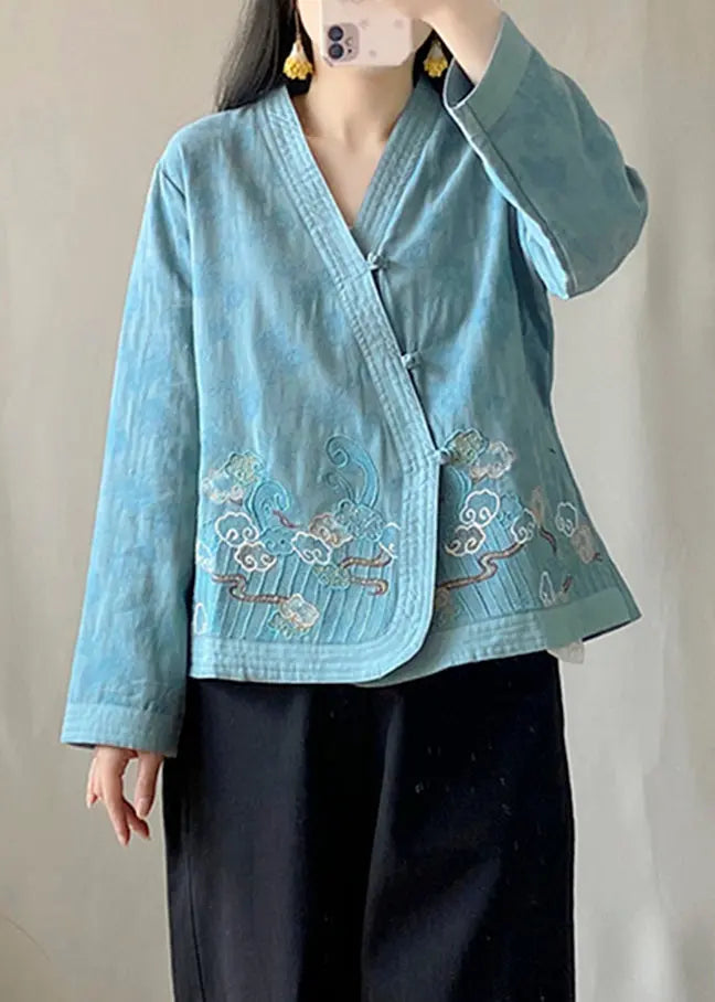 Vintage Blue Patchwork Cardigans Long Sleeve Ada Fashion