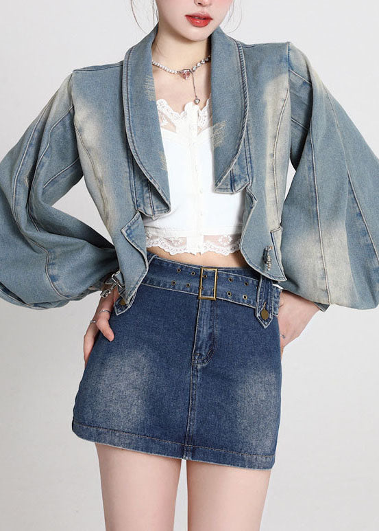Vintage Blue Patchwork Denim Coats Lantern Sleeve LY0788 - fabuloryshop