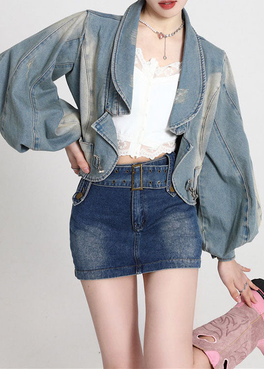 Vintage Blue Patchwork Denim Coats Lantern Sleeve LY0788 - fabuloryshop
