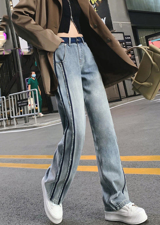 Vintage Blue Patchwork Zippered Button Straight Jeans TY1095 - fabuloryshop