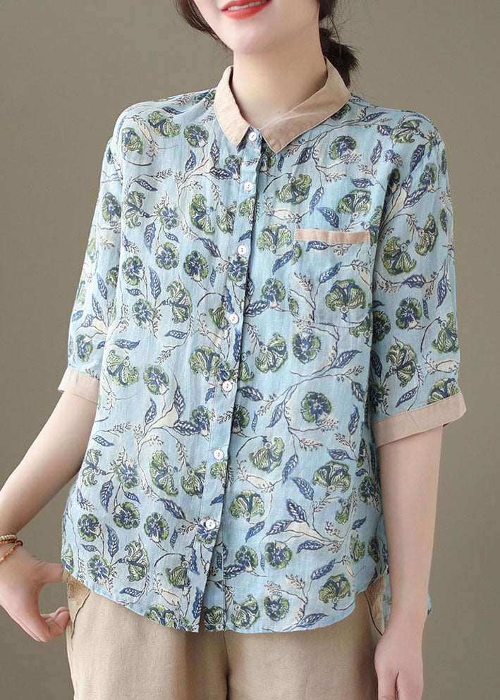 Vintage Blue Peter Pan Collar Print Patchwork Linen Shirts Summer LY5064 - fabuloryshop