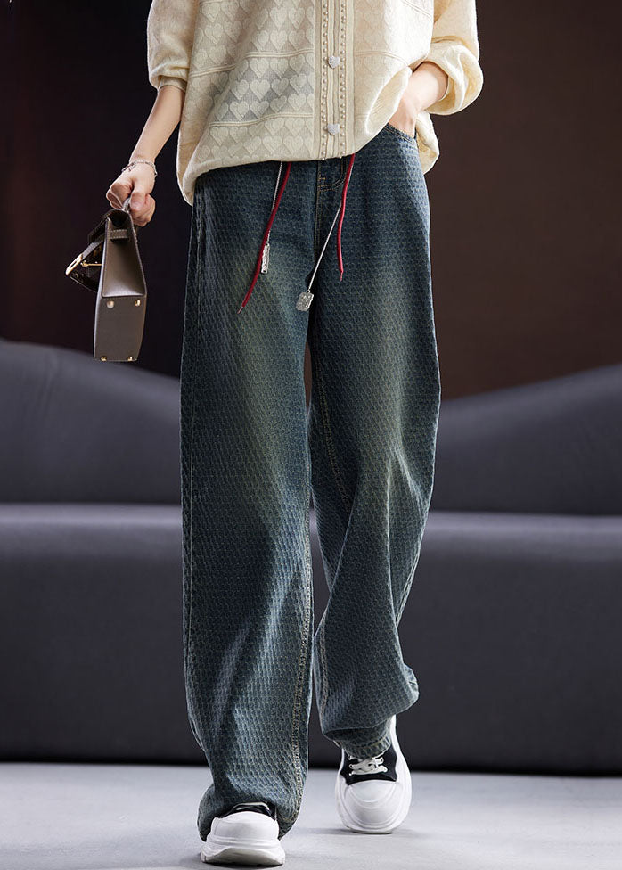 Vintage Blue Pockets Patchwork High Waist Cotton Straight Pants Fall Ada Fashion