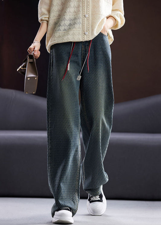 Vintage Blue Pockets Patchwork High Waist Cotton Straight Pants Fall Ada Fashion