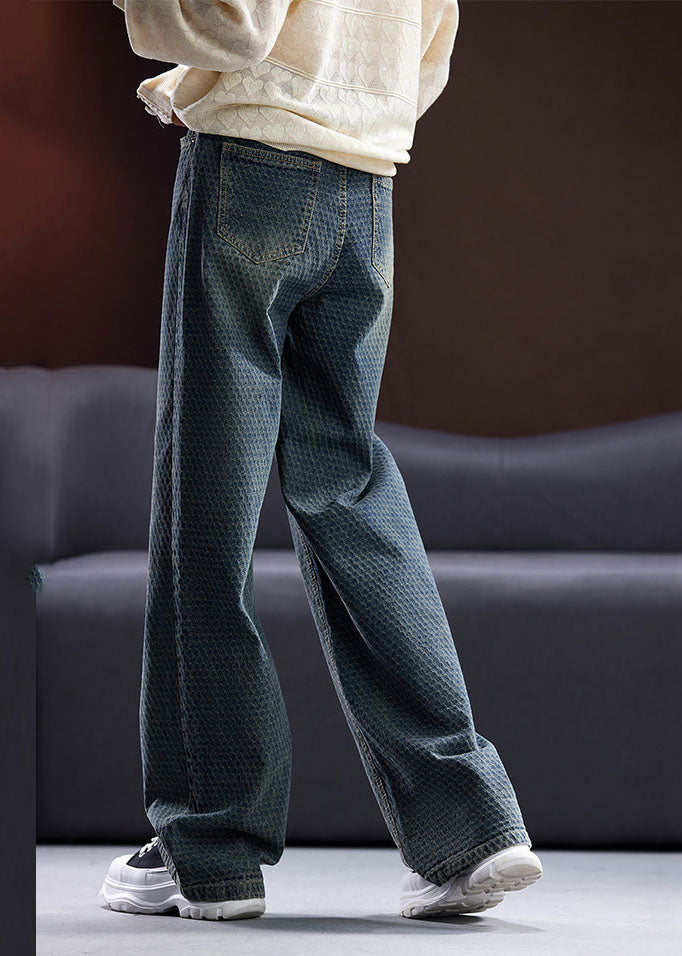 Vintage Blue Pockets Patchwork High Waist Cotton Straight Pants Fall Ada Fashion