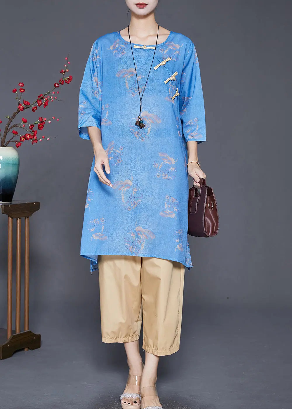 Vintage Blue Print Chinese Button Linen 2 Piece Outfit Fall Ada Fashion