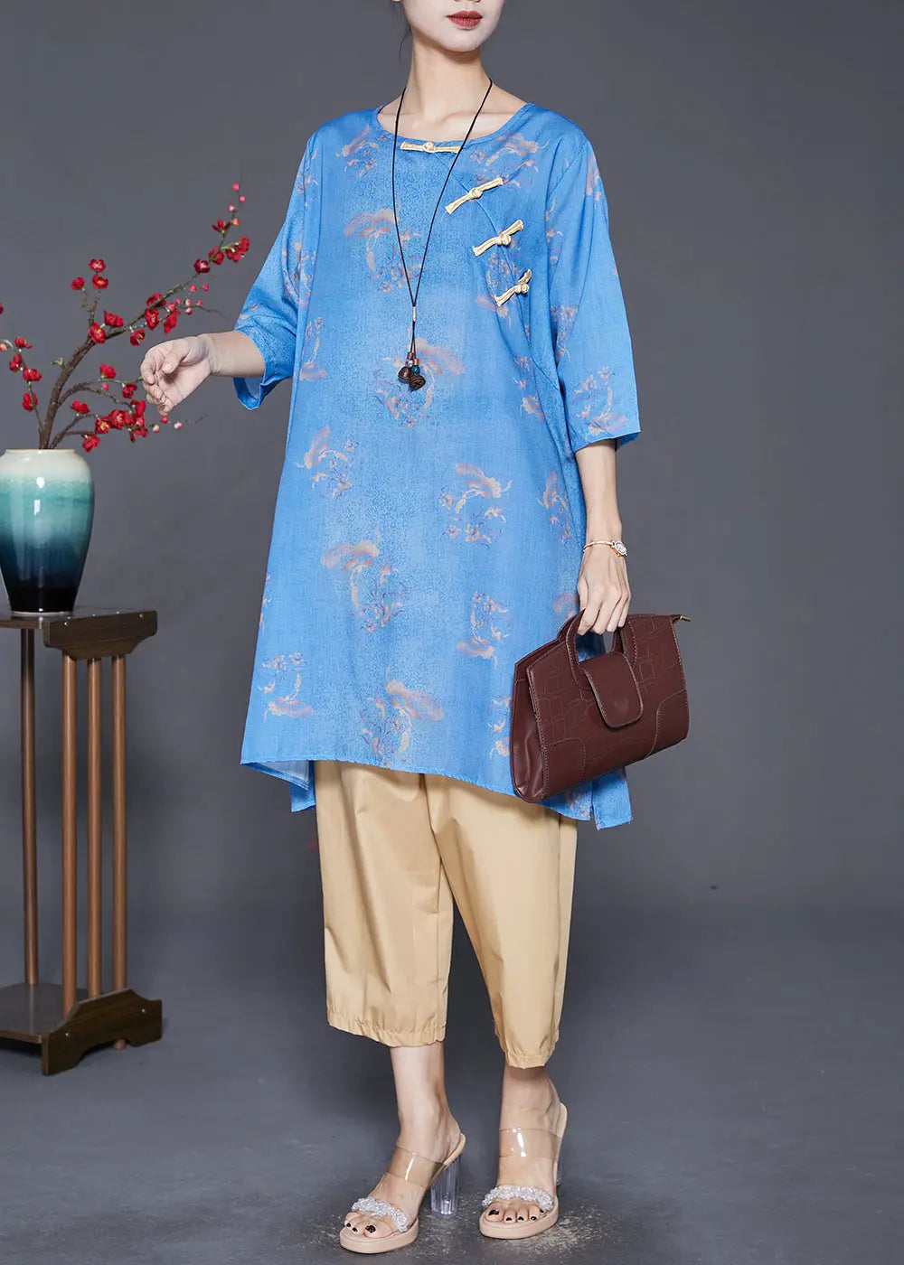 Vintage Blue Print Chinese Button Linen 2 Piece Outfit Fall Ada Fashion