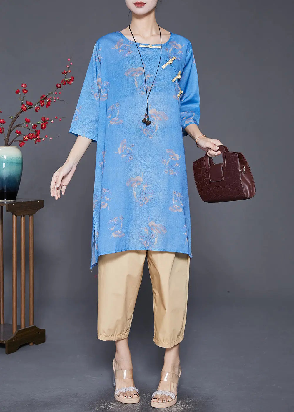 Vintage Blue Print Chinese Button Linen 2 Piece Outfit Fall Ada Fashion