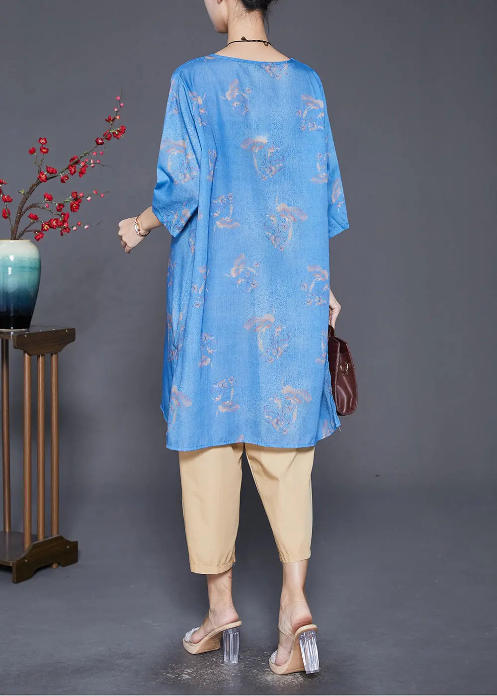 Vintage Blue Print Chinese Button Linen 2 Piece Outfit Fall Ada Fashion