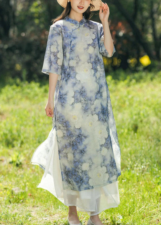 Vintage Blue Print Chinese Button Patchwork Linen Dresses Summer LY2650 - fabuloryshop