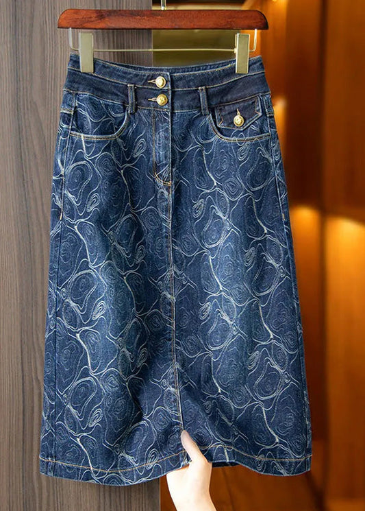 Vintage Blue Print High Waist Button Denim A Line Skirts Summer LY5265 - fabuloryshop
