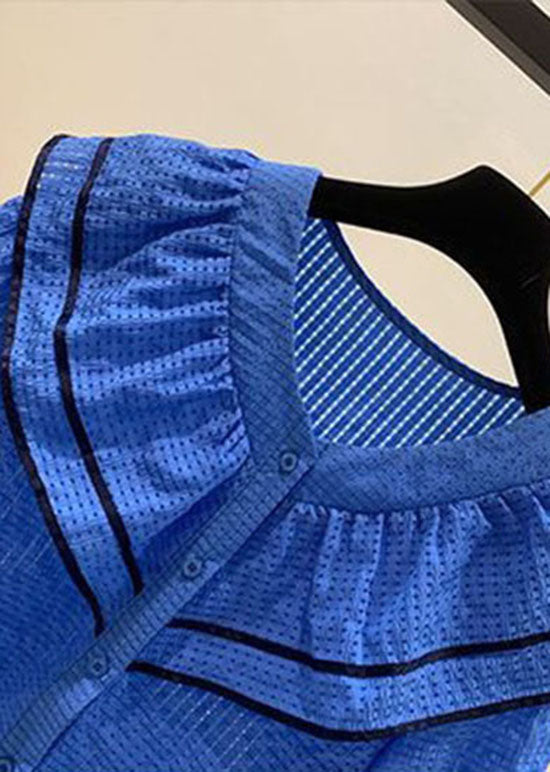 Vintage Blue Ruffled Patchwork Chiffon Shirt Tops Summer LY0587