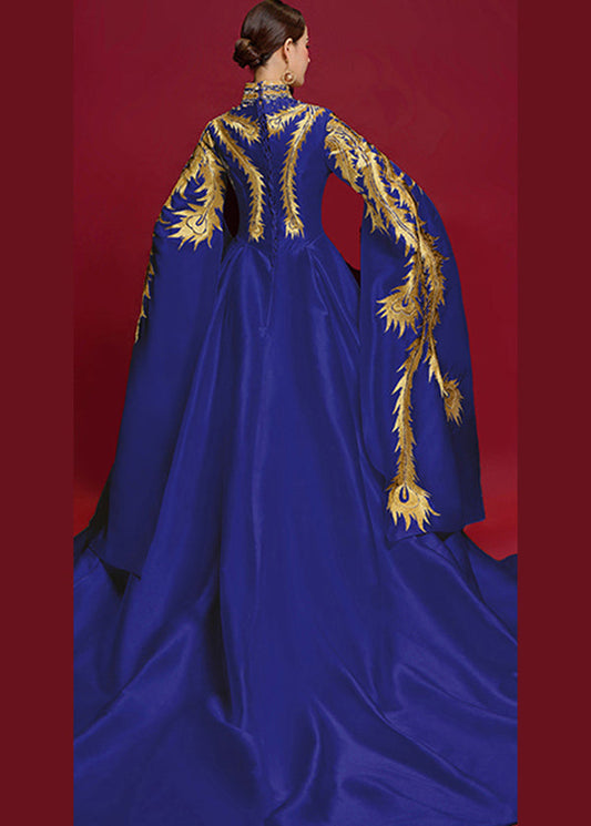 Vintage Blue Stand Collar Embroideried Patchwork Silk Dress Long Sleeve Ada Fashion
