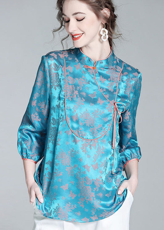 Vintage Blue Stand Collar Patchwork Jacquard Silk Blouse Tops Spring LY0139 - fabuloryshop