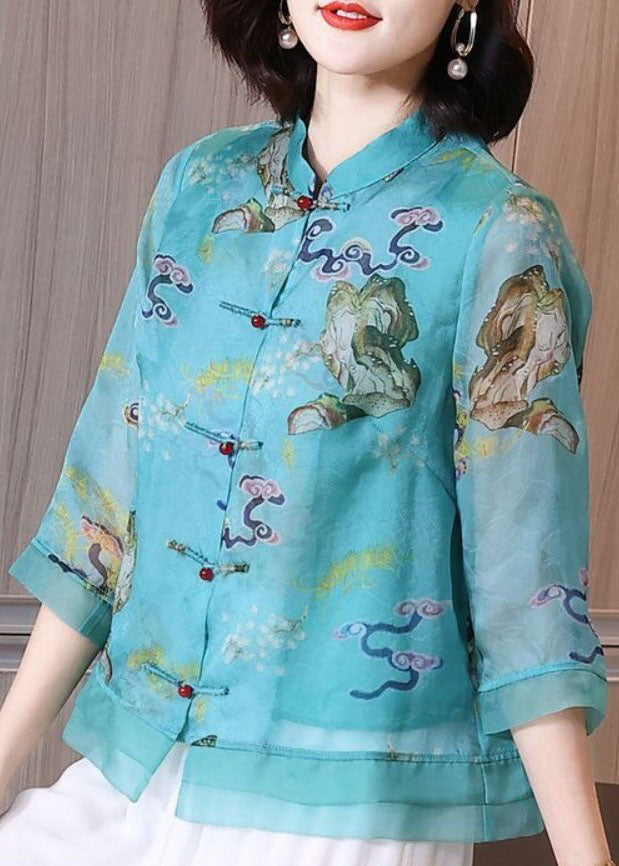 Vintage Blue Stand Collar Print Chinese Button Patchwork Linen Tops Summer TP1051 - fabuloryshop