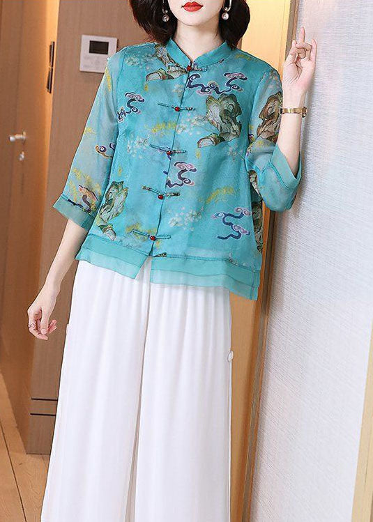 Vintage Blue Stand Collar Print Chinese Button Patchwork Linen Tops Summer LY6904 - fabuloryshop