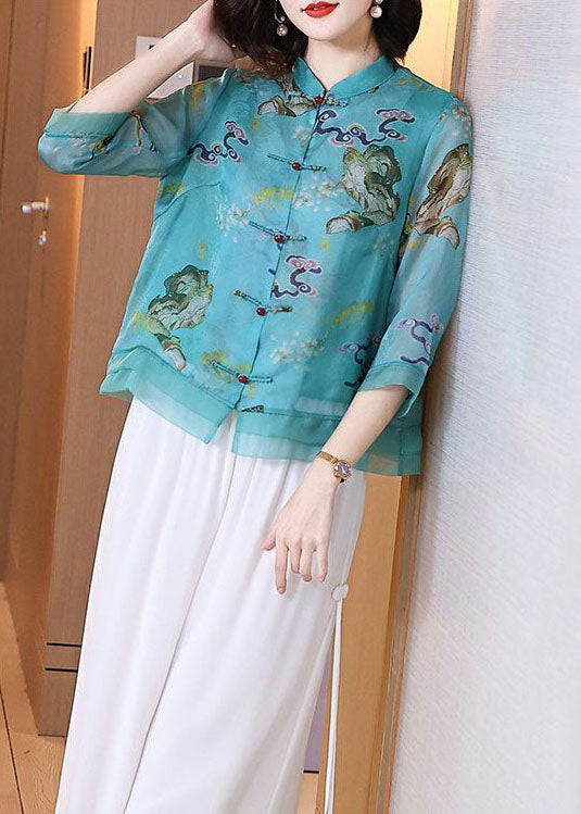 Vintage Blue Stand Collar Print Chinese Button Patchwork Linen Tops Summer LY6904 - fabuloryshop