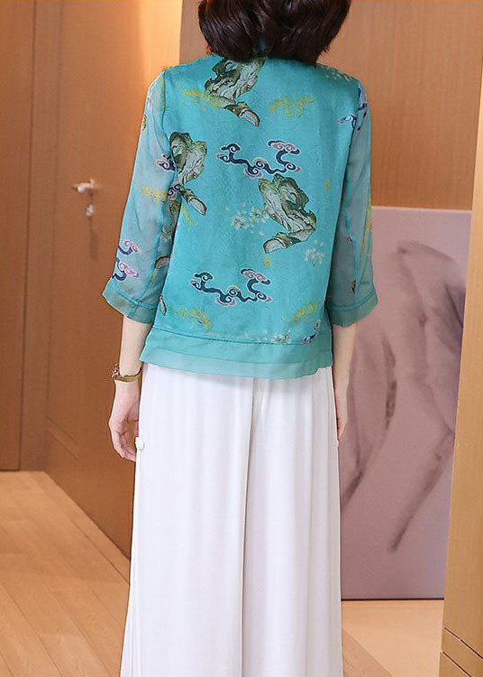 Vintage Blue Stand Collar Print Chinese Button Patchwork Linen Tops Summer TP1051 - fabuloryshop