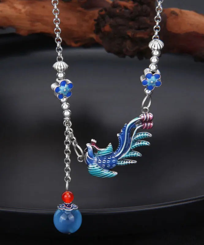 Vintage Blue Sterling Silver Tassel Cloisonne Floral Enamel Phoenix Pendant Necklace Ada Fashion
