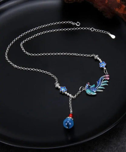 Vintage Blue Sterling Silver Tassel Cloisonne Floral Enamel Phoenix Pendant Necklace Ada Fashion