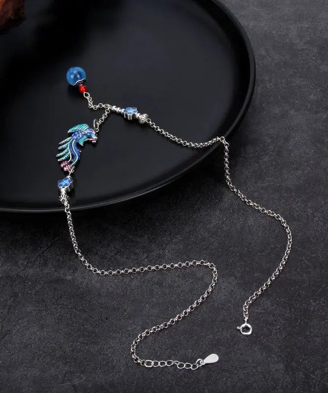 Vintage Blue Sterling Silver Tassel Cloisonne Floral Enamel Phoenix Pendant Necklace Ada Fashion