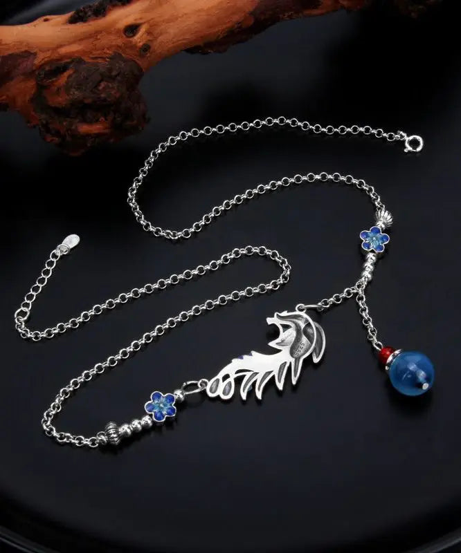 Vintage Blue Sterling Silver Tassel Cloisonne Floral Enamel Phoenix Pendant Necklace Ada Fashion
