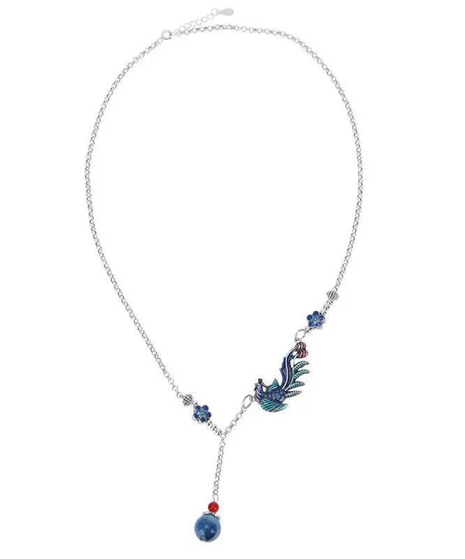 Vintage Blue Sterling Silver Tassel Cloisonne Floral Enamel Phoenix Pendant Necklace Ada Fashion