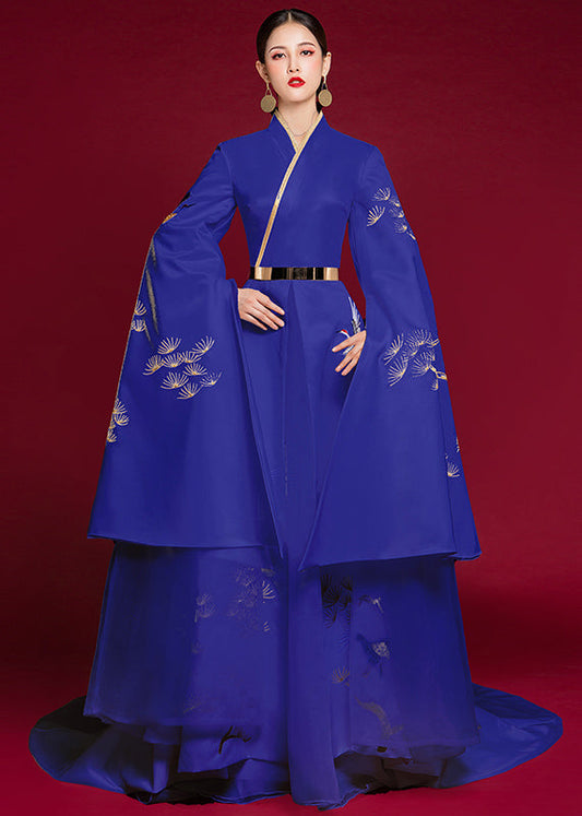 Vintage Blue V Neck Embroideried Patchwork Silk Dress Long Sleeve Ada Fashion