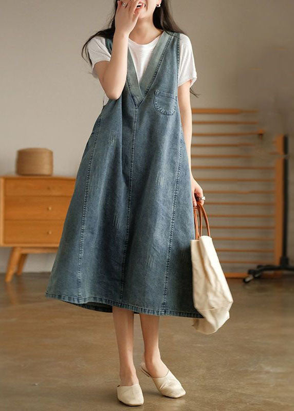 Vintage Blue V Neck Patchwork Denim Tank Dress Sleeveless LY0585 - fabuloryshop