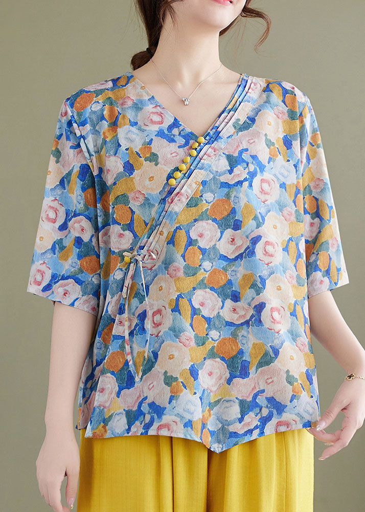 Vintage Blue V Neck Print Patchwork Cotton Shirt Tops Summer LY3963 - fabuloryshop