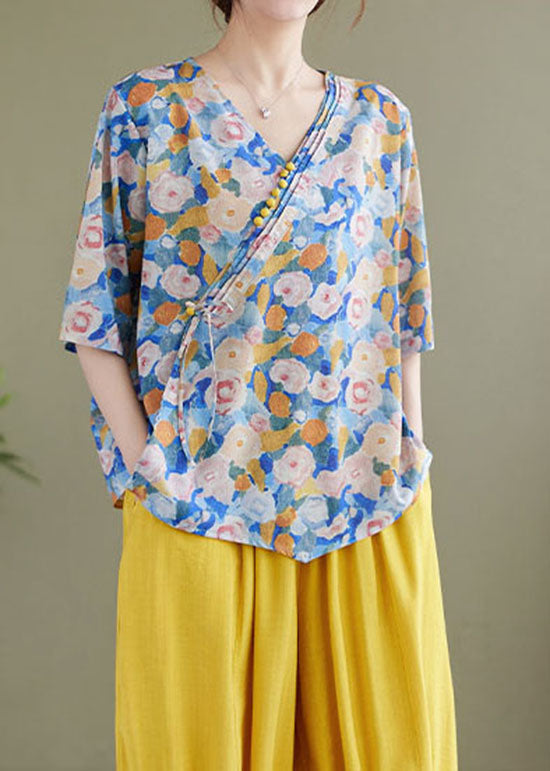 Vintage Blue V Neck Print Patchwork Cotton Shirt Tops Summer LY3963 - fabuloryshop