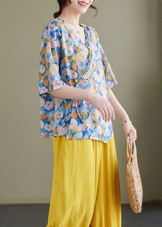 Vintage Blue V Neck Print Patchwork Cotton Shirt Tops Summer LY3963 - fabuloryshop