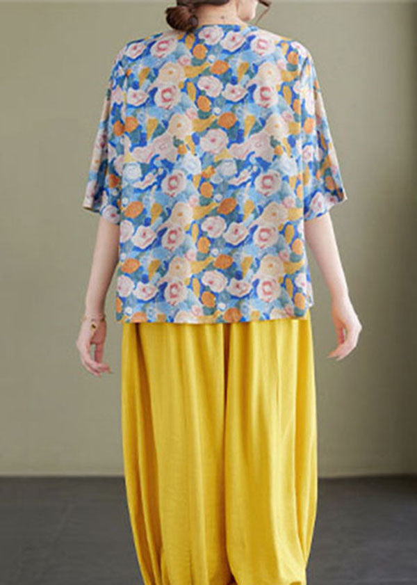 Vintage Blue V Neck Print Patchwork Cotton Shirt Tops Summer LY3963 - fabuloryshop