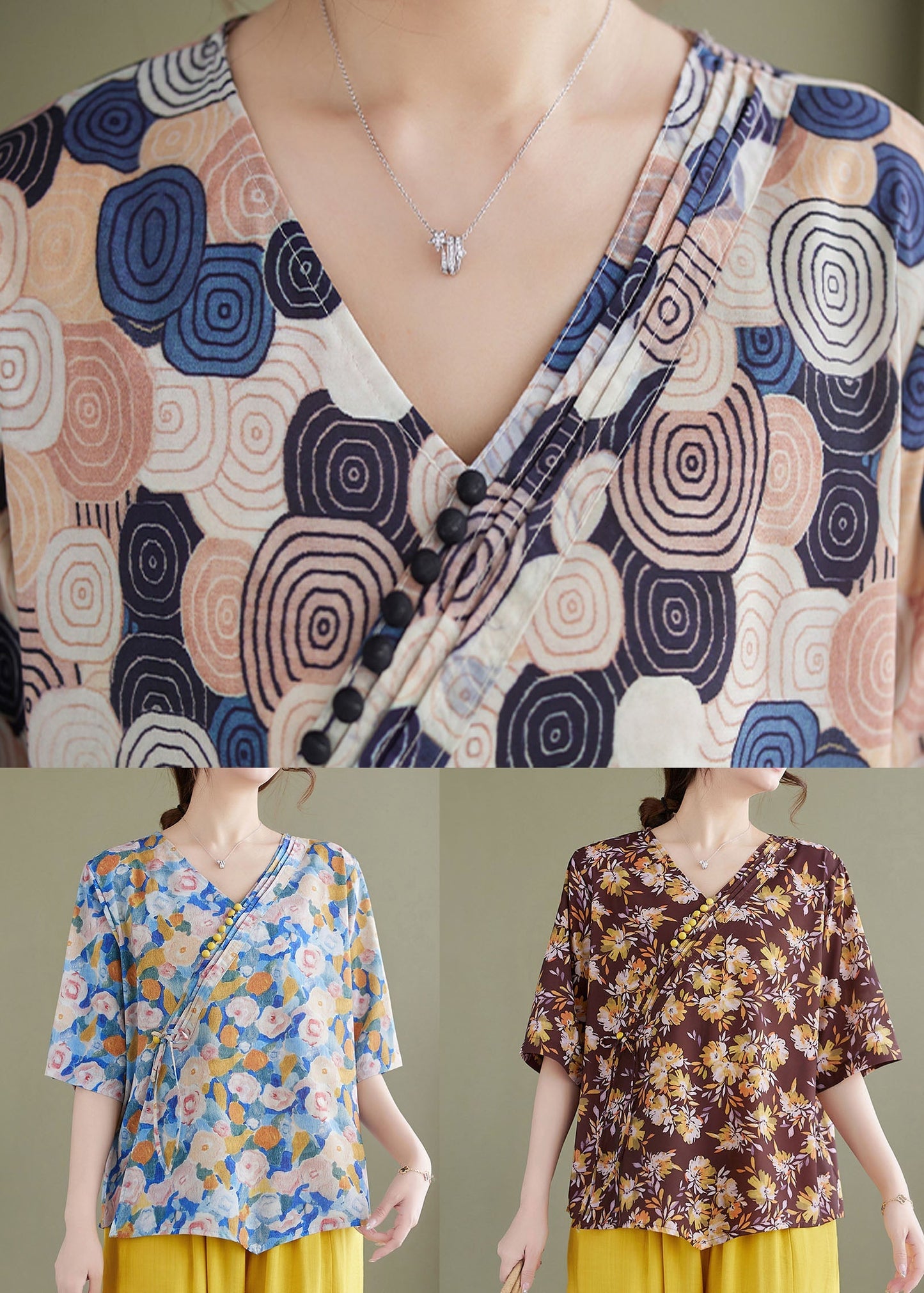 Vintage Blue V Neck Print Patchwork Cotton Shirt Tops Summer LY3963 - fabuloryshop