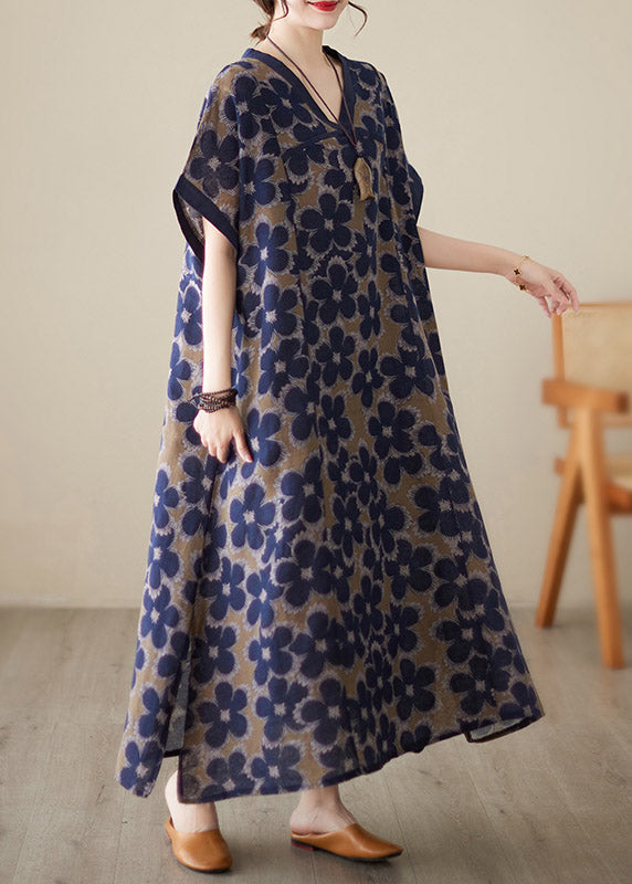 Vintage Blue V Neck Print Robe Dresses Short Sleeve LY2951 - fabuloryshop
