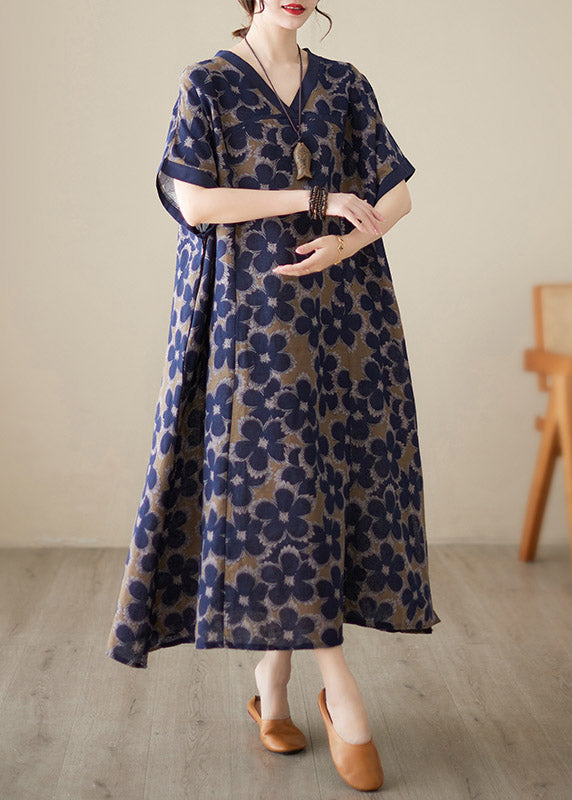 Vintage Blue V Neck Print Robe Dresses Short Sleeve LY2951 - fabuloryshop