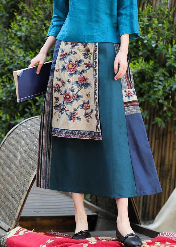 Vintage Blue Wrinkled Embroideried Pockets Patchwork Linen Skirt Summer LY4563 - fabuloryshop