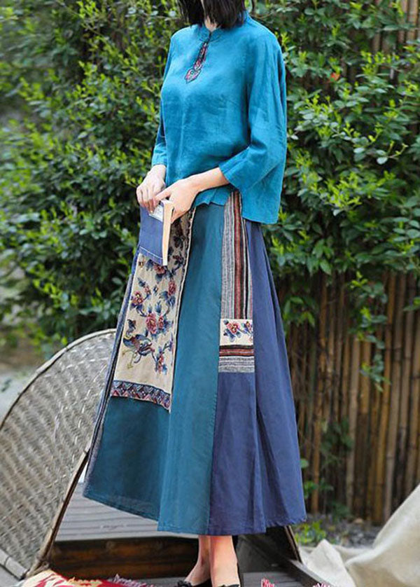 Vintage Blue Wrinkled Embroideried Pockets Patchwork Linen Skirt Summer LY4563 - fabuloryshop