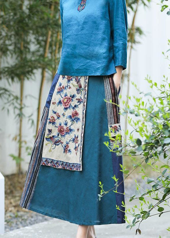 Vintage Blue Wrinkled Embroideried Pockets Patchwork Linen Skirt Summer LY4563 - fabuloryshop