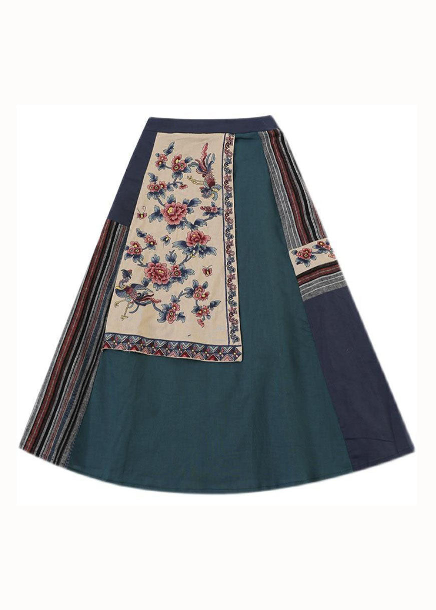 Vintage Blue Wrinkled Embroideried Pockets Patchwork Linen Skirt Summer LY4563 - fabuloryshop