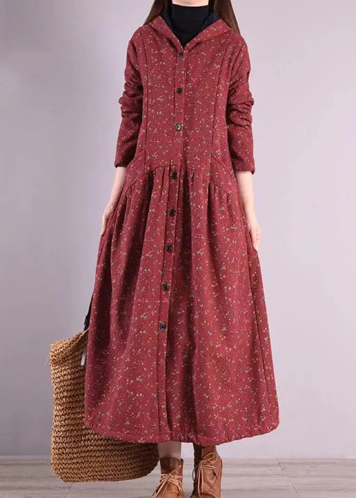 Vintage Brick Red Hooded Patchwork Warm Fleece Coats Winter Ada Fashion